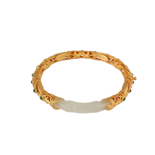 Elegant Jade Inlay Gold Plated Silver Bangle