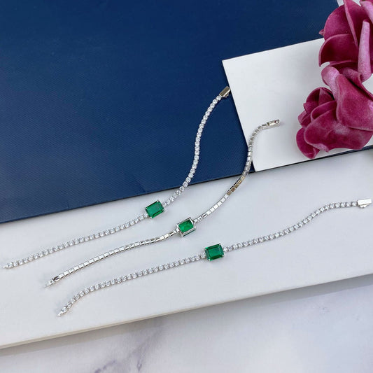 Emerald-Cut Green Gemston Sterling Silver Tennis Bracelet