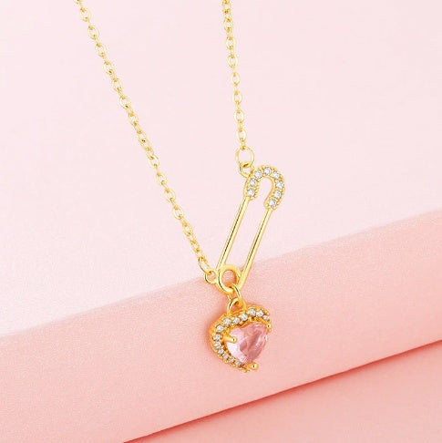 Sweetheart Safety Pin Charm Necklace - Gold-Tone & Crystal Embellished
