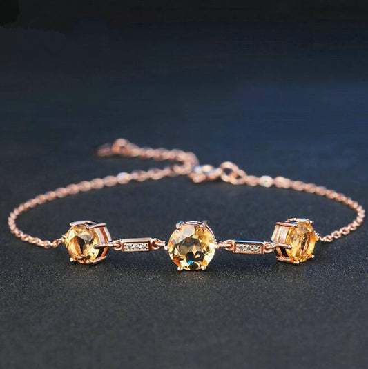 Triple-Stone Natural Citrine Sterling Silver Bracelet in Rose Gold
