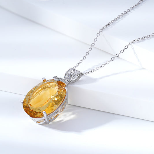 Luxury Oval Citrine Pendant Necklace in Sterling Silver with Diamond Accents – Elegant Women’s Jewelry