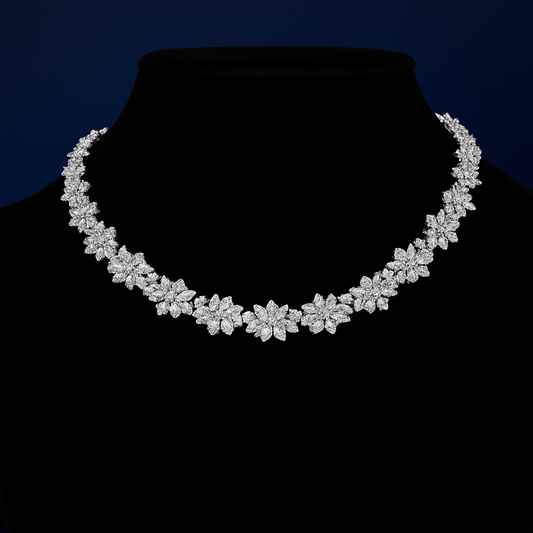 Luxury Floral 925 Silver Diamond Choker Necklace in Sterling Silver