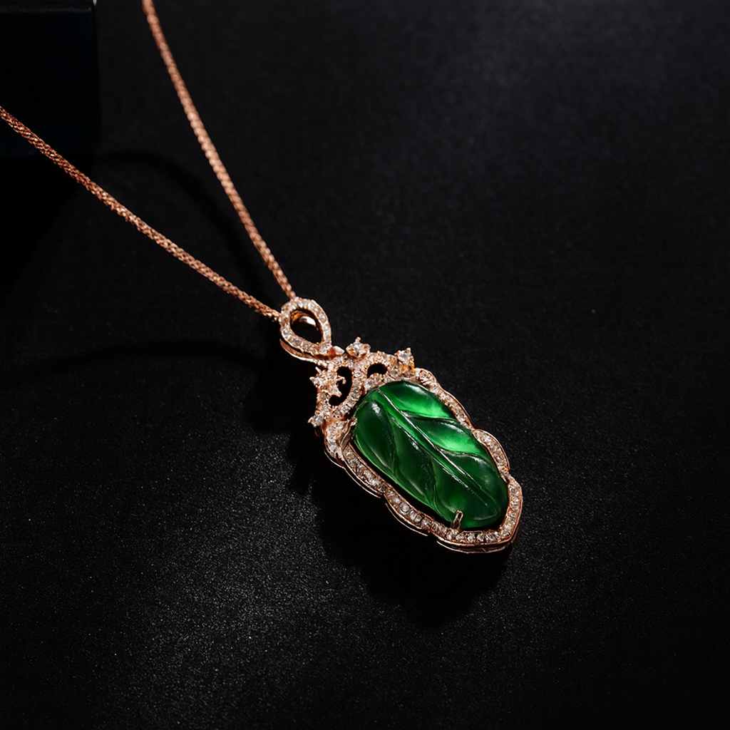 Jadeite Necklace With Gold Inlaid Branches And Jade Leaves