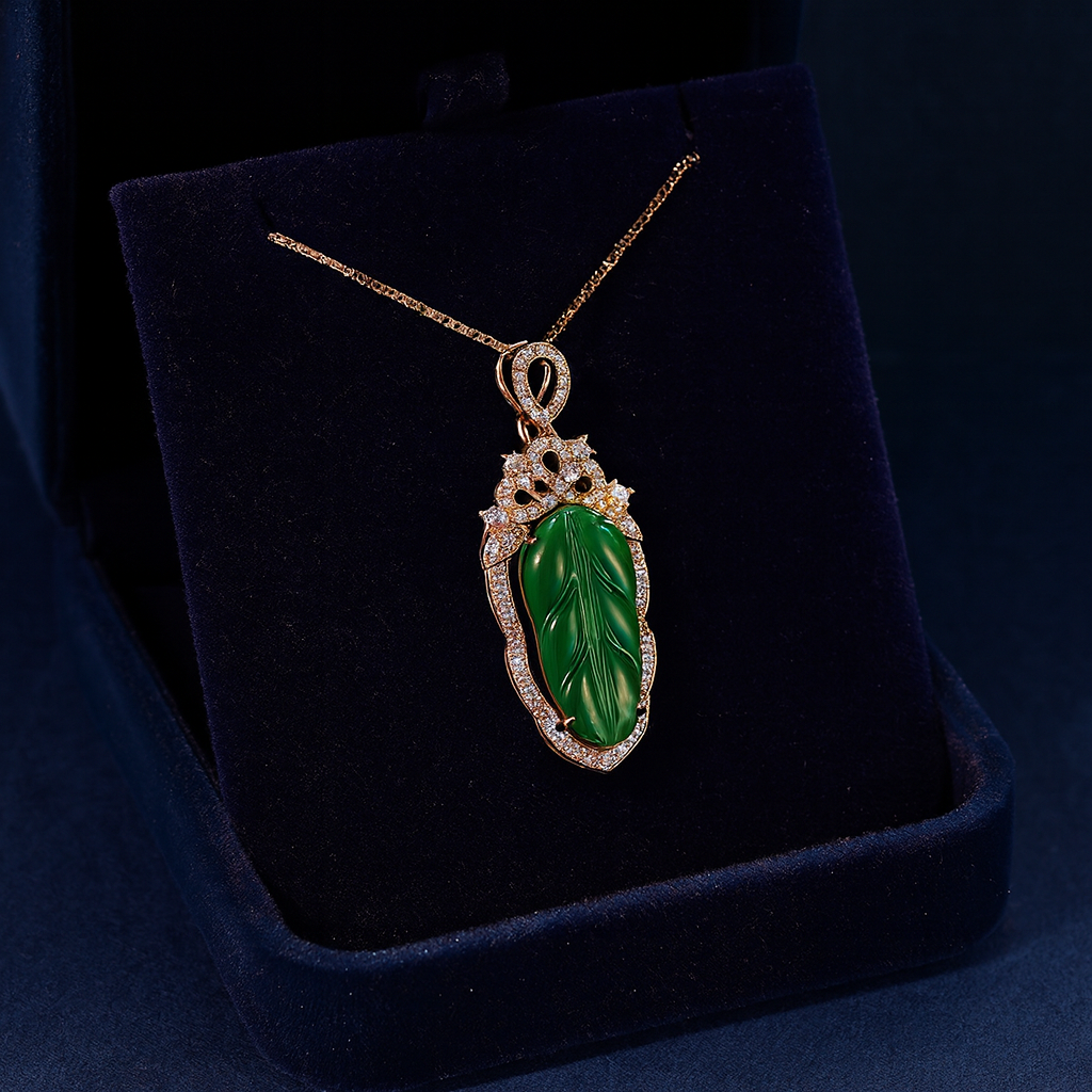 Jadeite Necklace With Gold Inlaid Branches And Jade Leaves