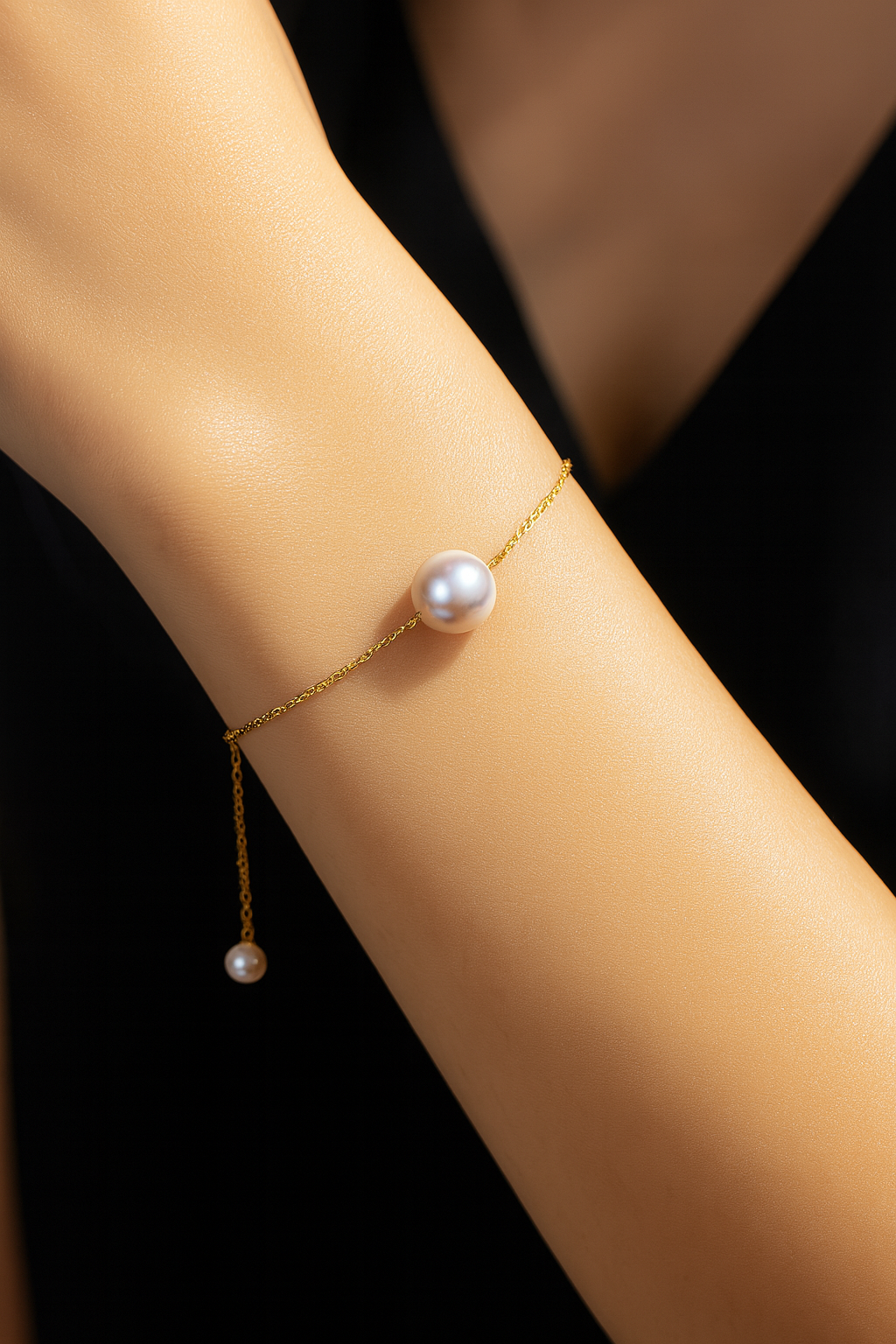 Single 18K Gold Japanese Akoya sea pearl bracelet adjusts natural rose white color gold flawless bulb