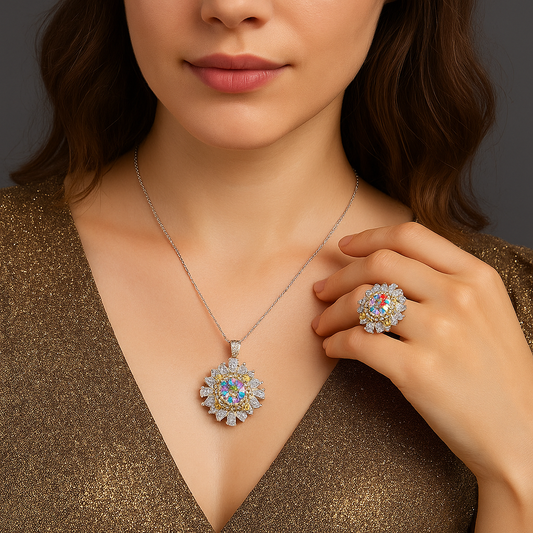 Dazzling Moissanite Floral Halo Pendant & Ring Set