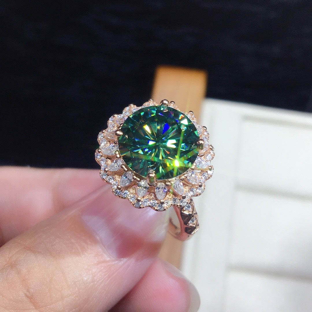 Emerald Green Moissanite Sunflower Halo Ring