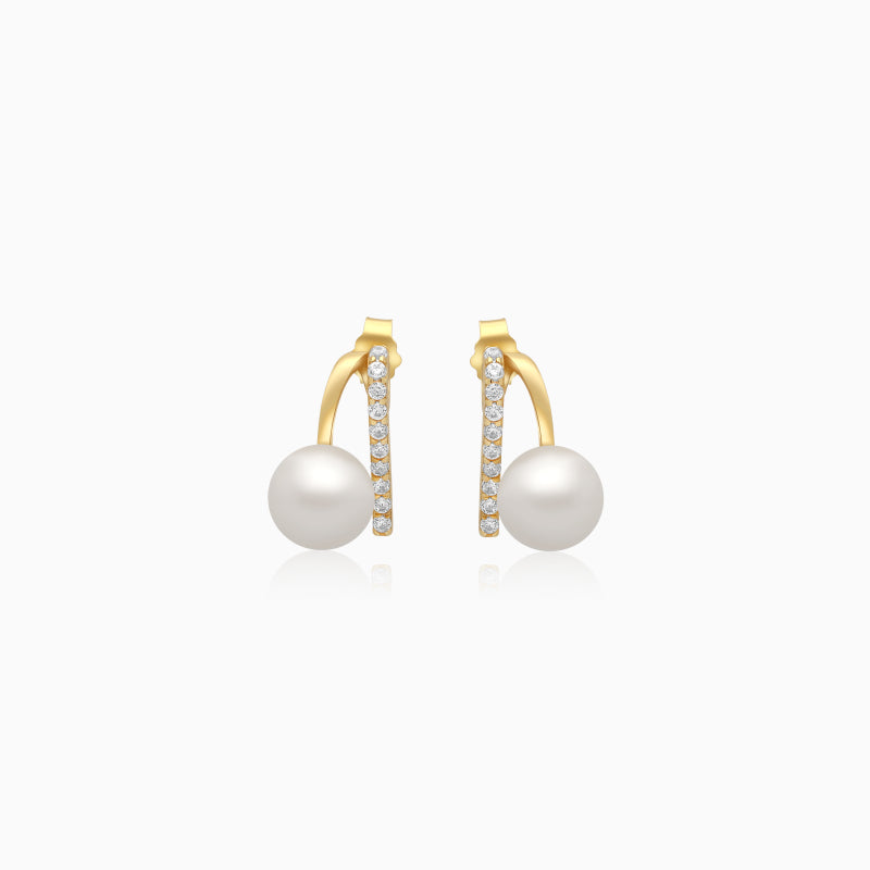 18K Yellow Gold Pearl & Zircon Stud Earrings