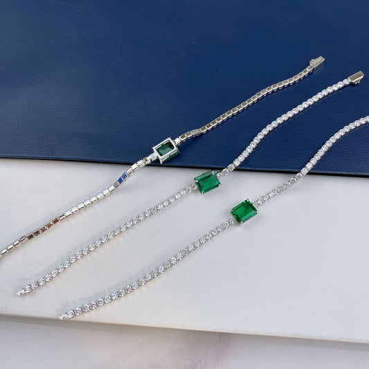 Emerald-Cut Green Gemston Sterling Silver Tennis Bracelet
