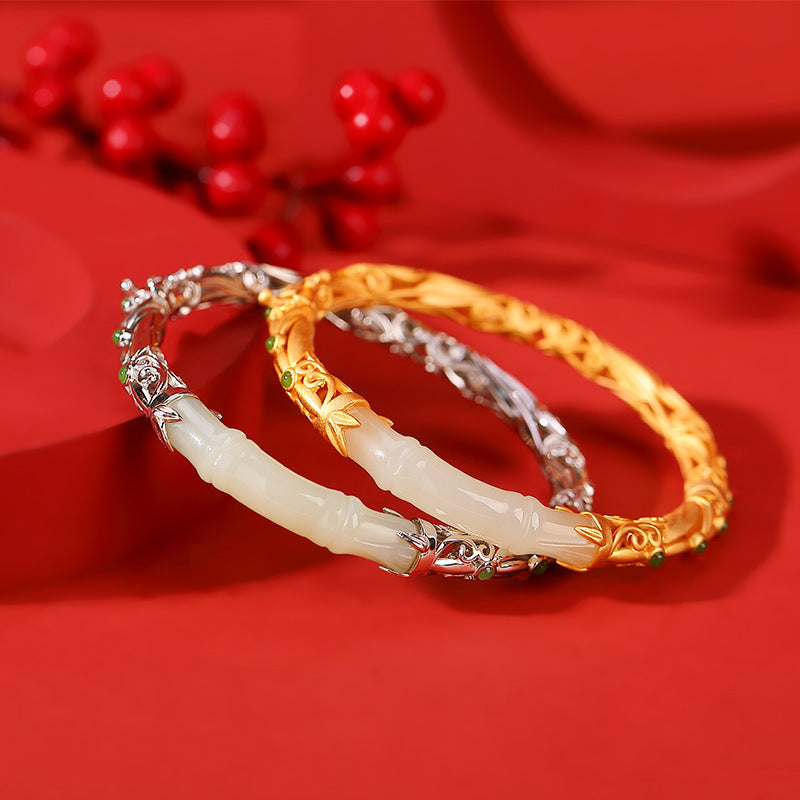 Elegant Jade Inlay Gold Plated Silver Bangle