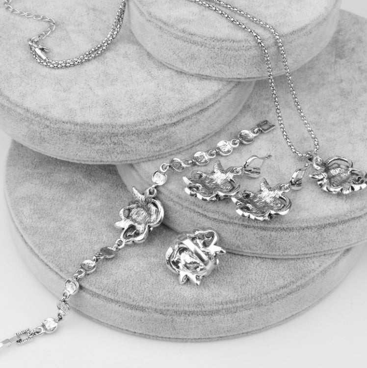 Vintage Oxidized Silver Rose Jewelry Set