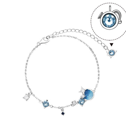 Celestial Charm Bracelet with Blue Gemstones & Moon-Star Design in Sterling Silver
