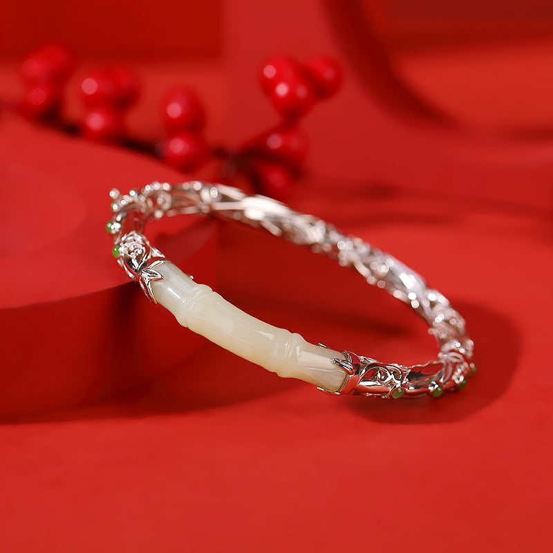 Elegant Jade Inlay Gold Plated Silver Bangle