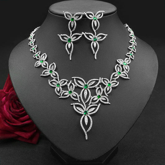 Midnight Bloom Floral Zircon Necklace & Chandelier Earring Set