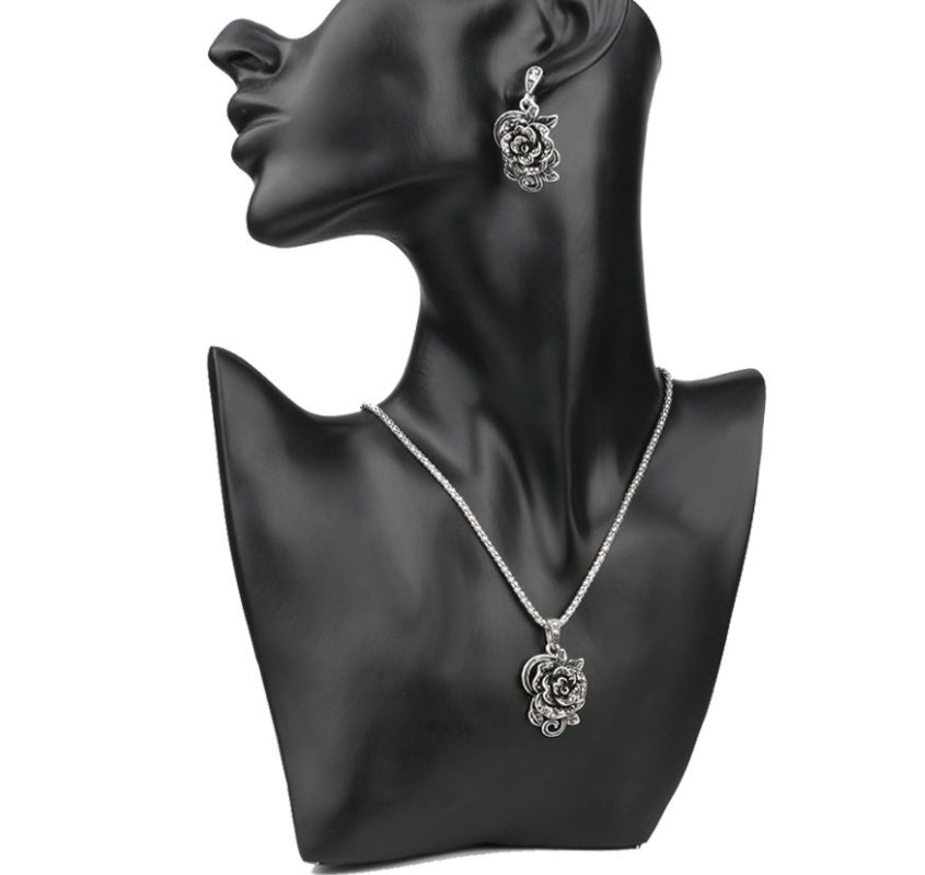 Vintage Oxidized Silver Rose Jewelry Set