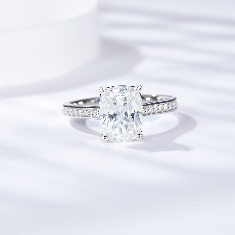 Cushion Cut Solitaire Engagement Ring with Diamond Accents in Sterling Silve