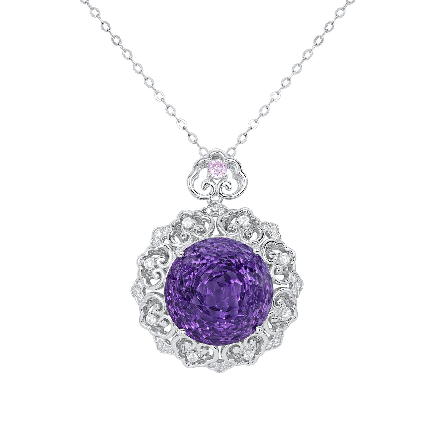 Amethyst & Diamond Filigree Pendant Necklace in Sterling Silver