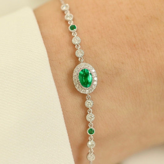 18K White Gold Oval Emerald Halo Bracelet