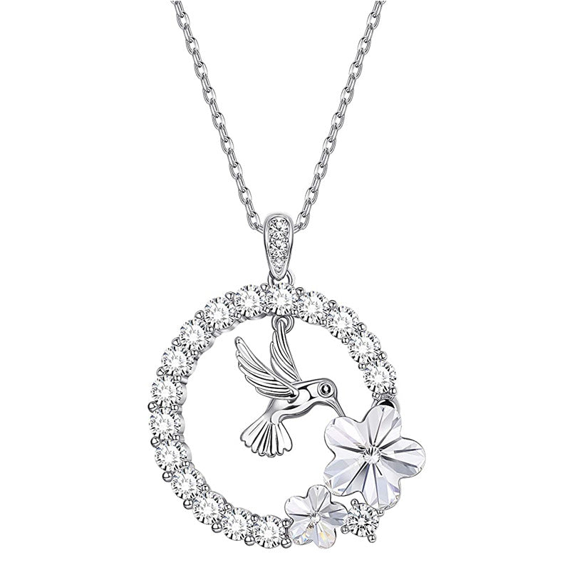 Sparkling Hummingbird & Floral Halo Pendant Necklace