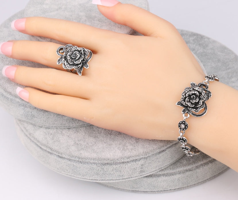 Vintage Oxidized Silver Rose Jewelry Set