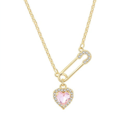 Sweetheart Safety Pin Charm Necklace - Gold-Tone & Crystal Embellished