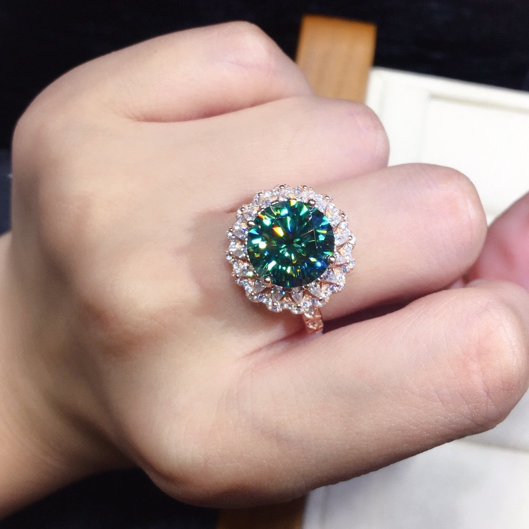 Emerald Green Moissanite Sunflower Halo Ring