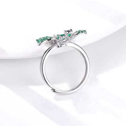 Luxury Butterfly Ring with Green Emeralds & White Diamond Accents in Sterling Silver