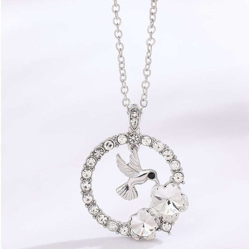 Sparkling Hummingbird & Floral Halo Pendant Necklace