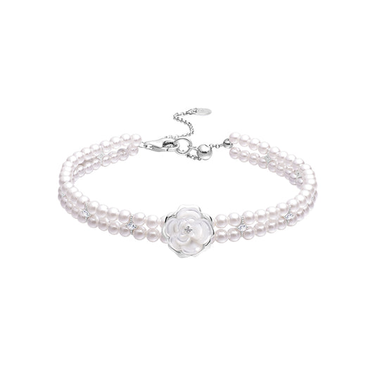 Moon Shadow Camellia Twin Bracelet – Layered Pearl & Floral Design