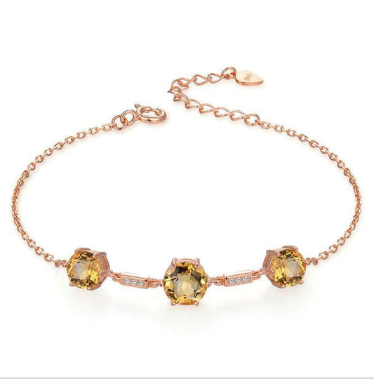 Triple-Stone Natural Citrine Sterling Silver Bracelet in Rose Gold