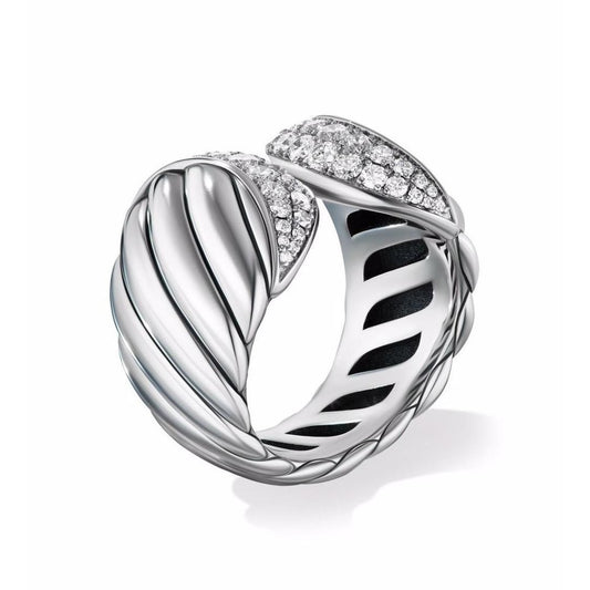 Bold Twisted Band Ring with Diamond Pavé in Sterling Silver
