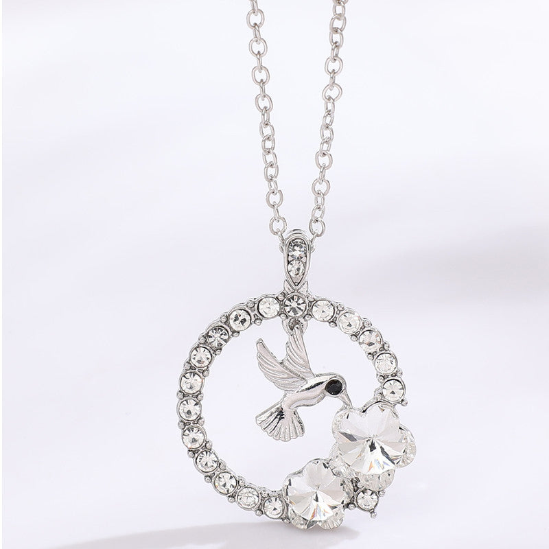 Sparkling Hummingbird & Floral Halo Pendant Necklace