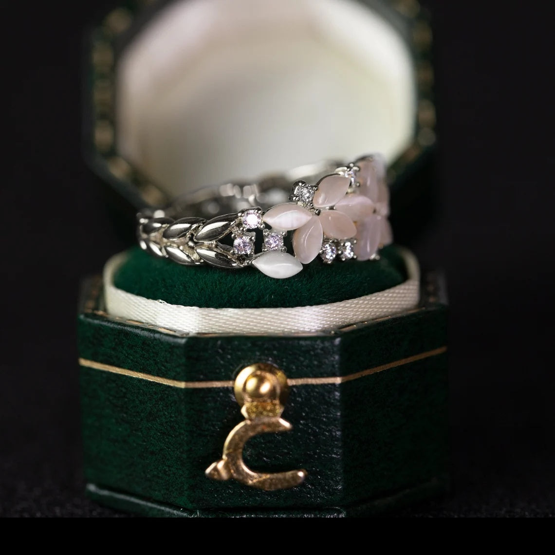 Elegant Floral Band Ring with White Petal Stones & Diamond Accents in Gold Finish