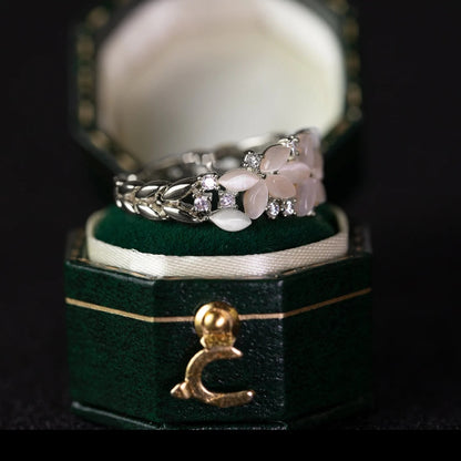 Elegant Floral Band Ring with White Petal Stones & Diamond Accents in Gold Finish