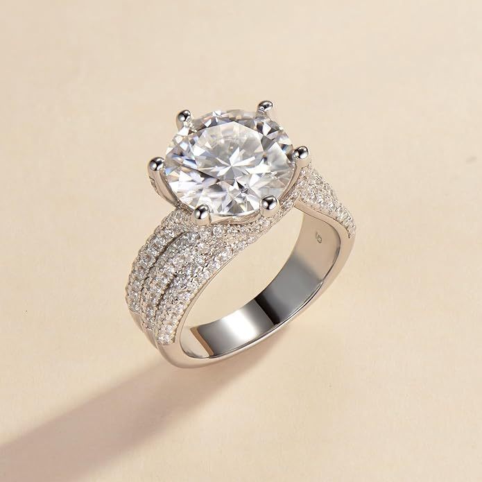 Luxury Solitaire Engagement Ring with Round Brilliant Cut Diamond & Paved Band in Sterling Silver