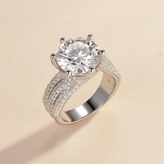 Luxury Solitaire Engagement Ring with Round Brilliant Cut Diamond & Paved Band in Sterling Silver