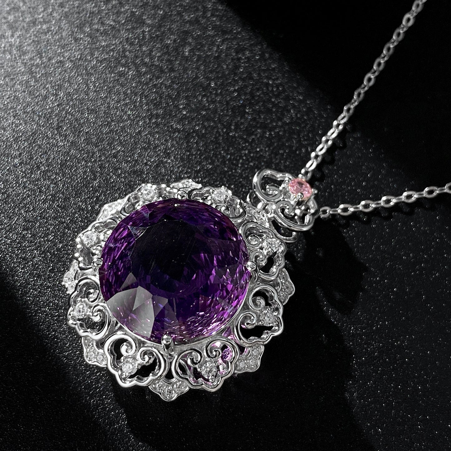 Amethyst & Diamond Filigree Pendant Necklace in Sterling Silver