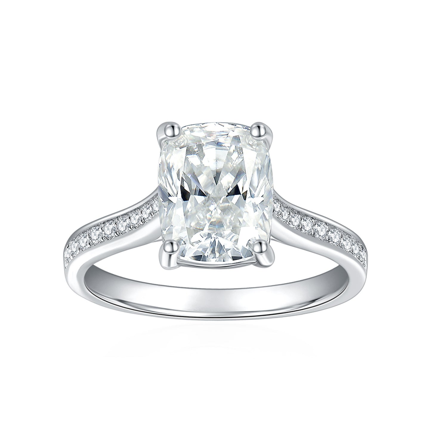 Cushion Cut Solitaire Engagement Ring with Diamond Accents in Sterling Silve