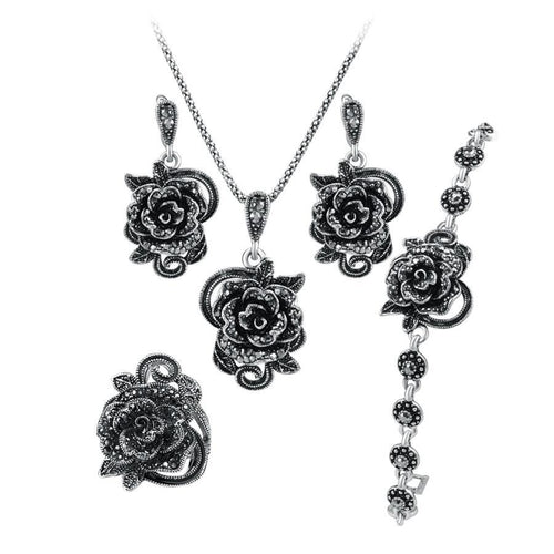Vintage Oxidized Silver Rose Jewelry Set