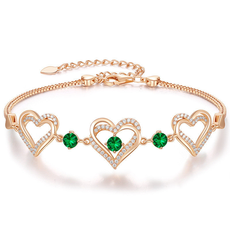 Romantic Heart Bracelet with Red Gemstones & Diamond Accents in Sterling Silver