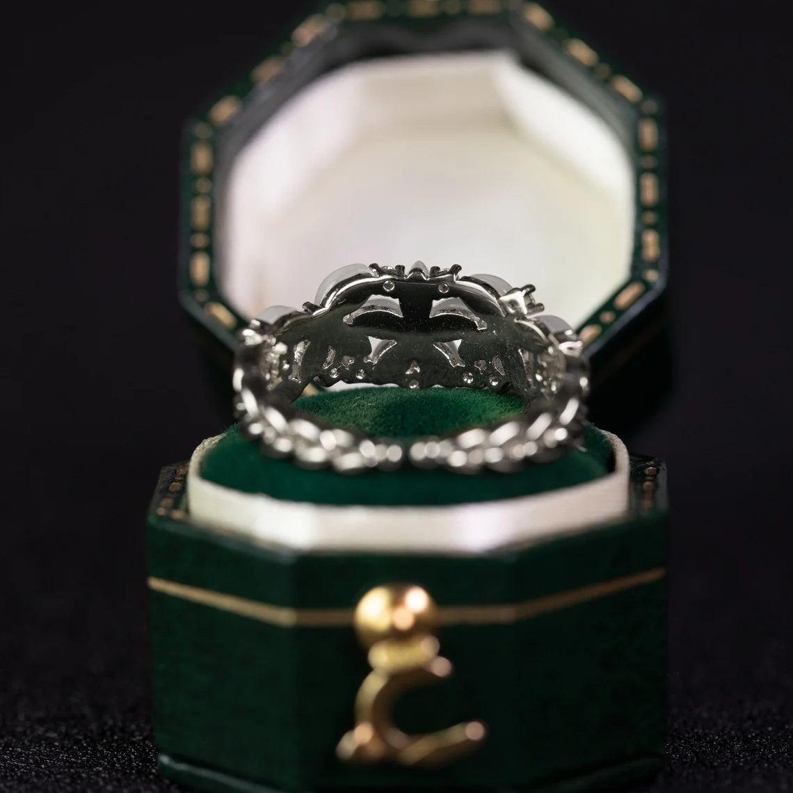 Elegant Floral Band Ring with White Petal Stones & Diamond Accents in Gold Finish