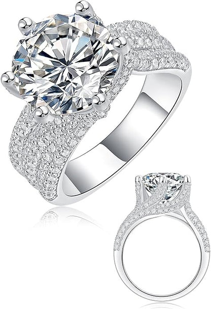 Luxury Solitaire Engagement Ring with Round Brilliant Cut Diamond & Paved Band in Sterling Silver