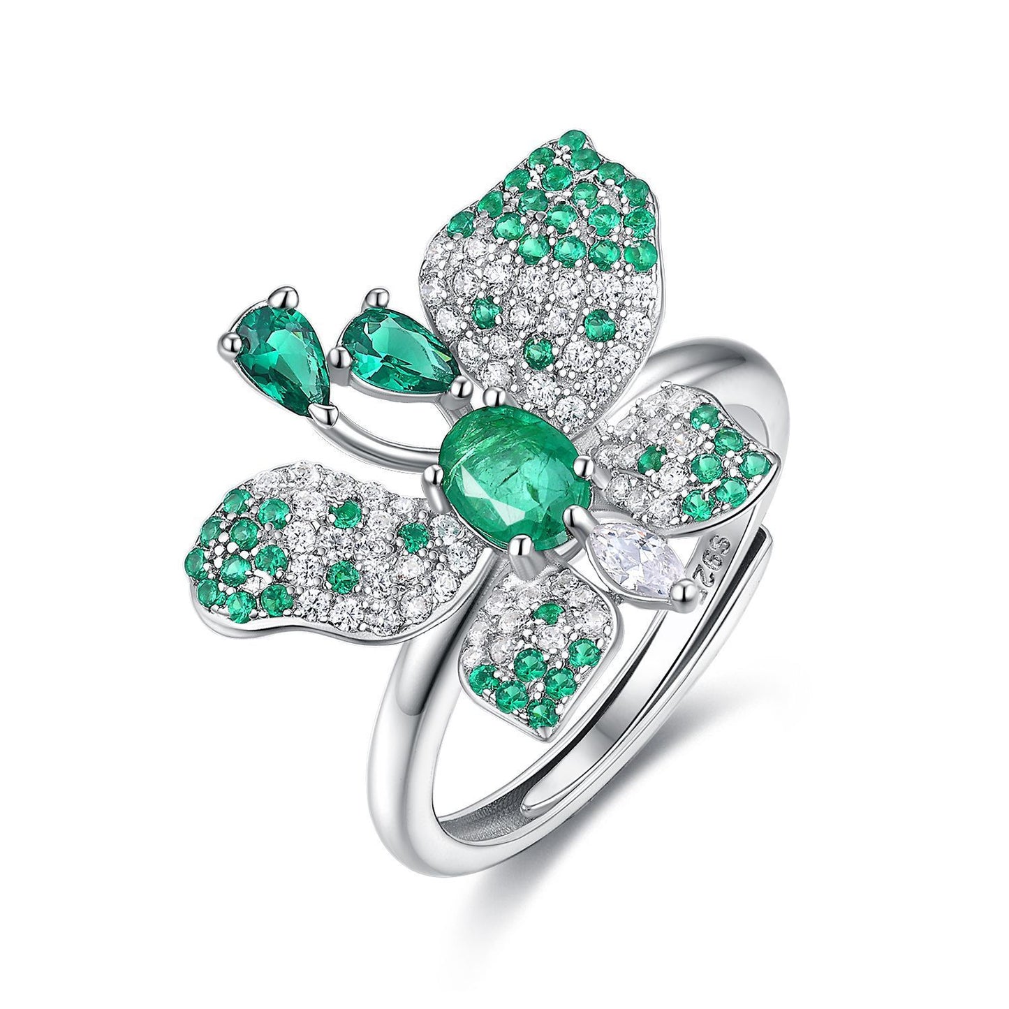 Luxury Butterfly Ring with Green Emeralds & White Diamond Accents in Sterling Silver