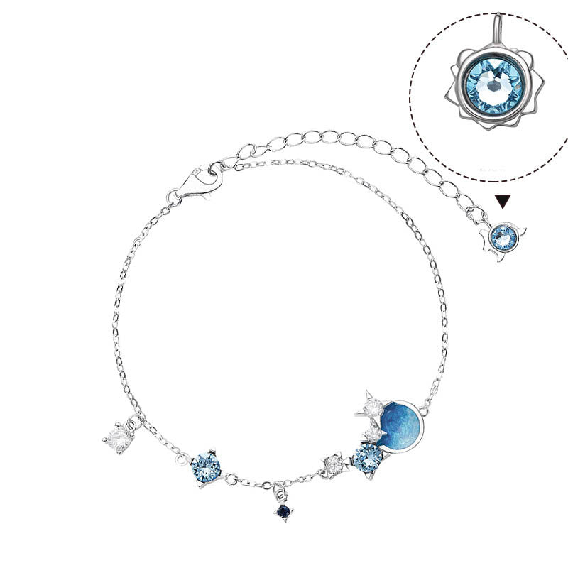 Celestial Charm Bracelet with Blue Gemstones & Moon-Star Design in Sterling Silver