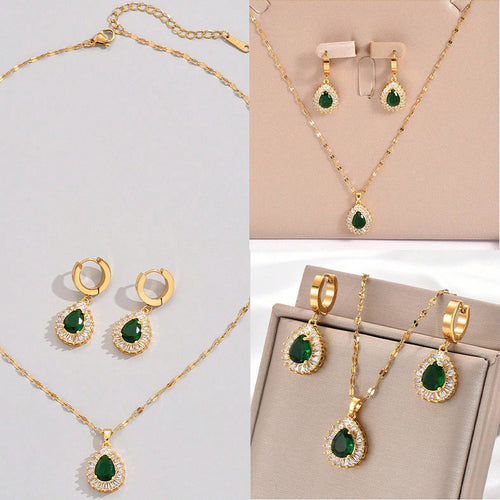 Light Luxury Retro Emerald Green Teardrop Jewelry Set