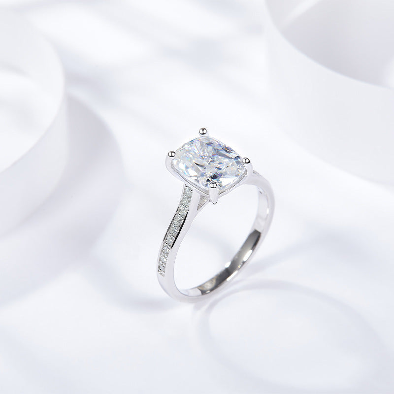 Cushion Cut Solitaire Engagement Ring with Diamond Accents in Sterling Silve