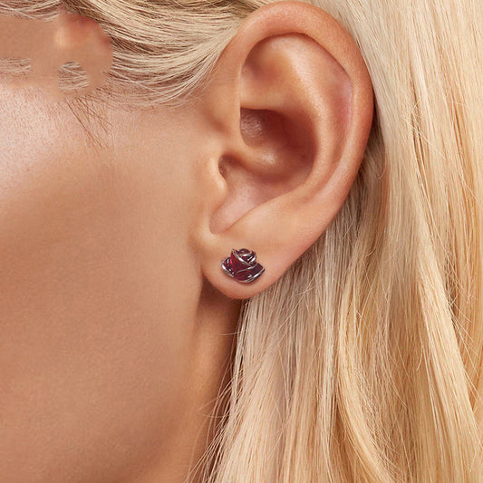 Crimson Bloom Rose Stud Earrings in Sterling Silver