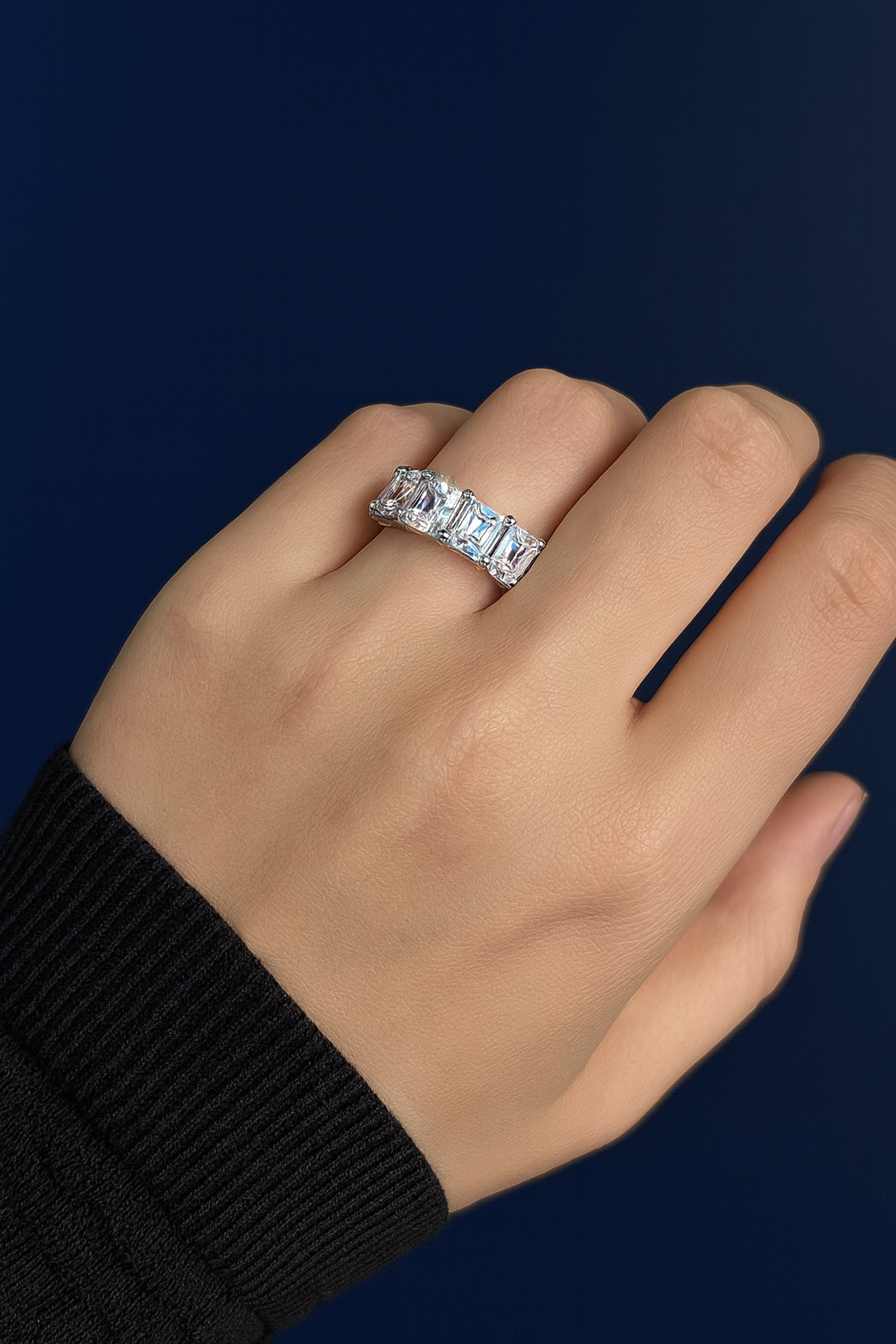 925 Silver Zircon Big Diamond Emerald Cut Row Diamond Ring