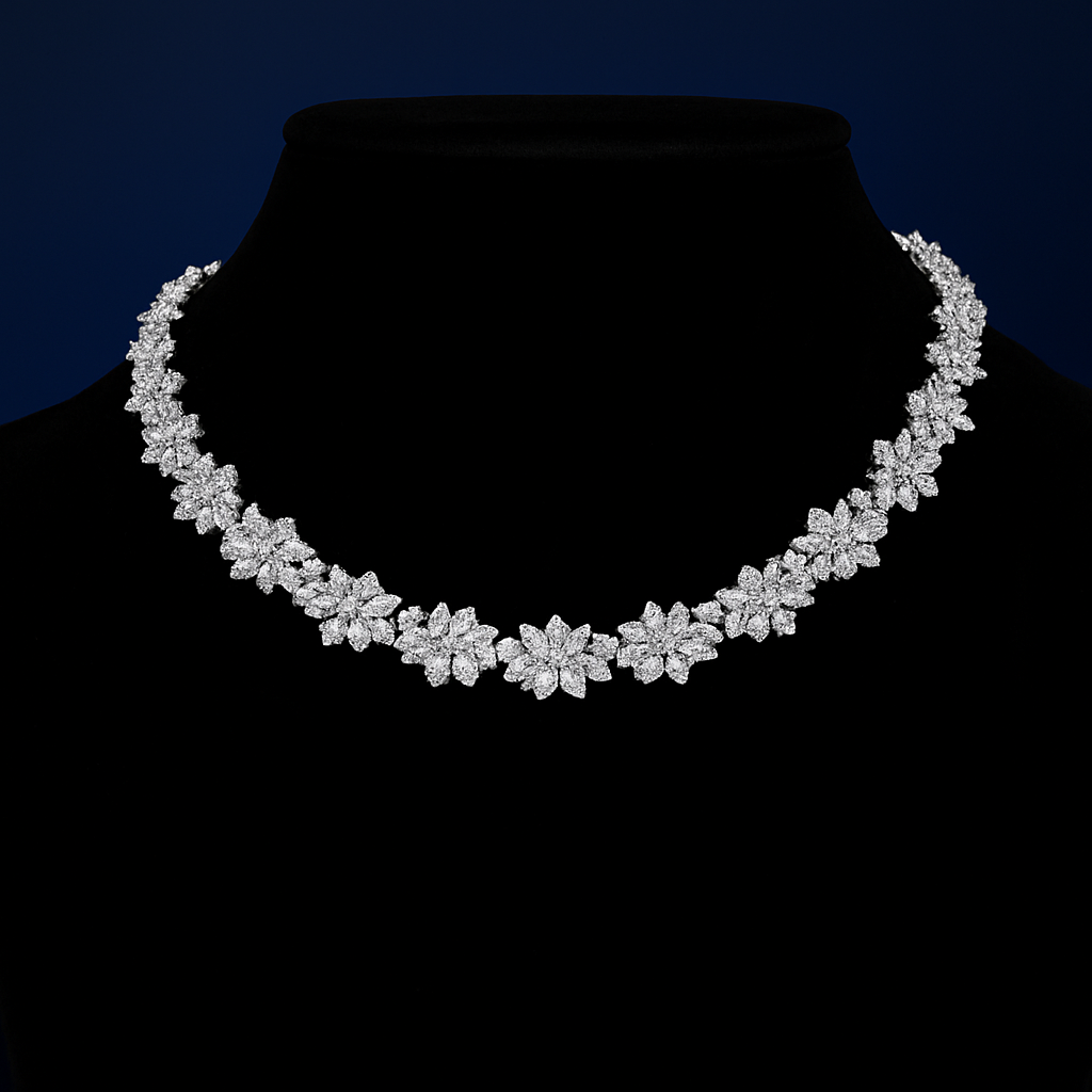 Luxury Floral Diamond Choker Necklace in Sterling Silver