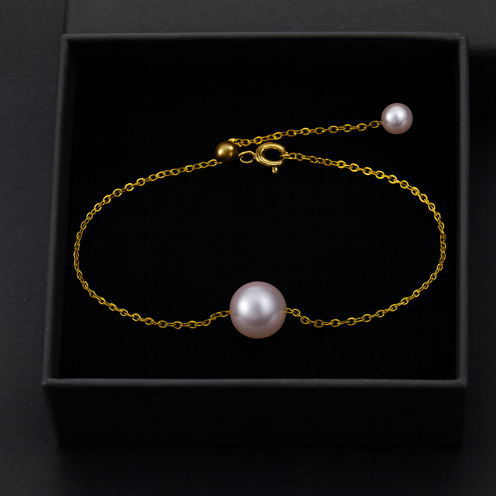Single 18K Gold Japanese Akoya sea pearl bracelet adjusts natural rose white color gold flawless bulb